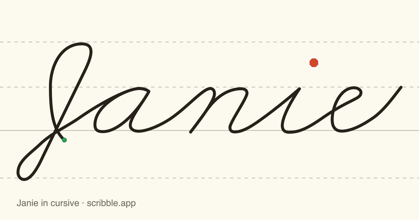 Janie written in cursive on handwriting guidelines, with a green starting dot and a red stop sign