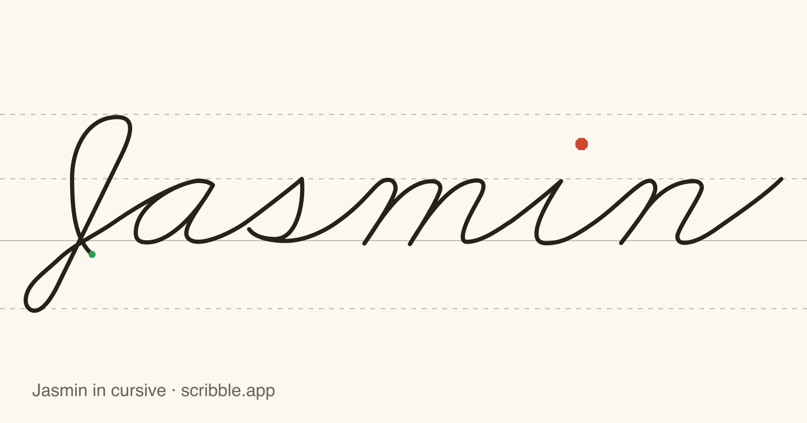 Jasmin written in cursive on handwriting guidelines, with a green starting dot and a red stop sign