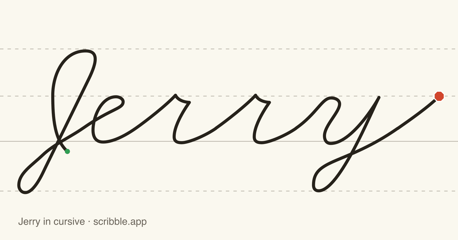 Jerry written in cursive on handwriting guidelines, with a green starting dot and a red stop sign