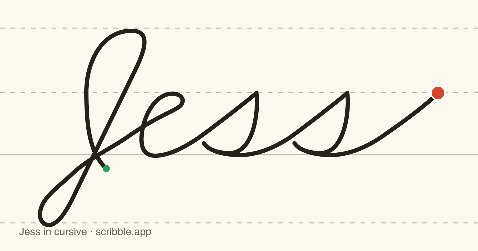 Jess written in cursive on handwriting guidelines, with a green starting dot and a red stop sign