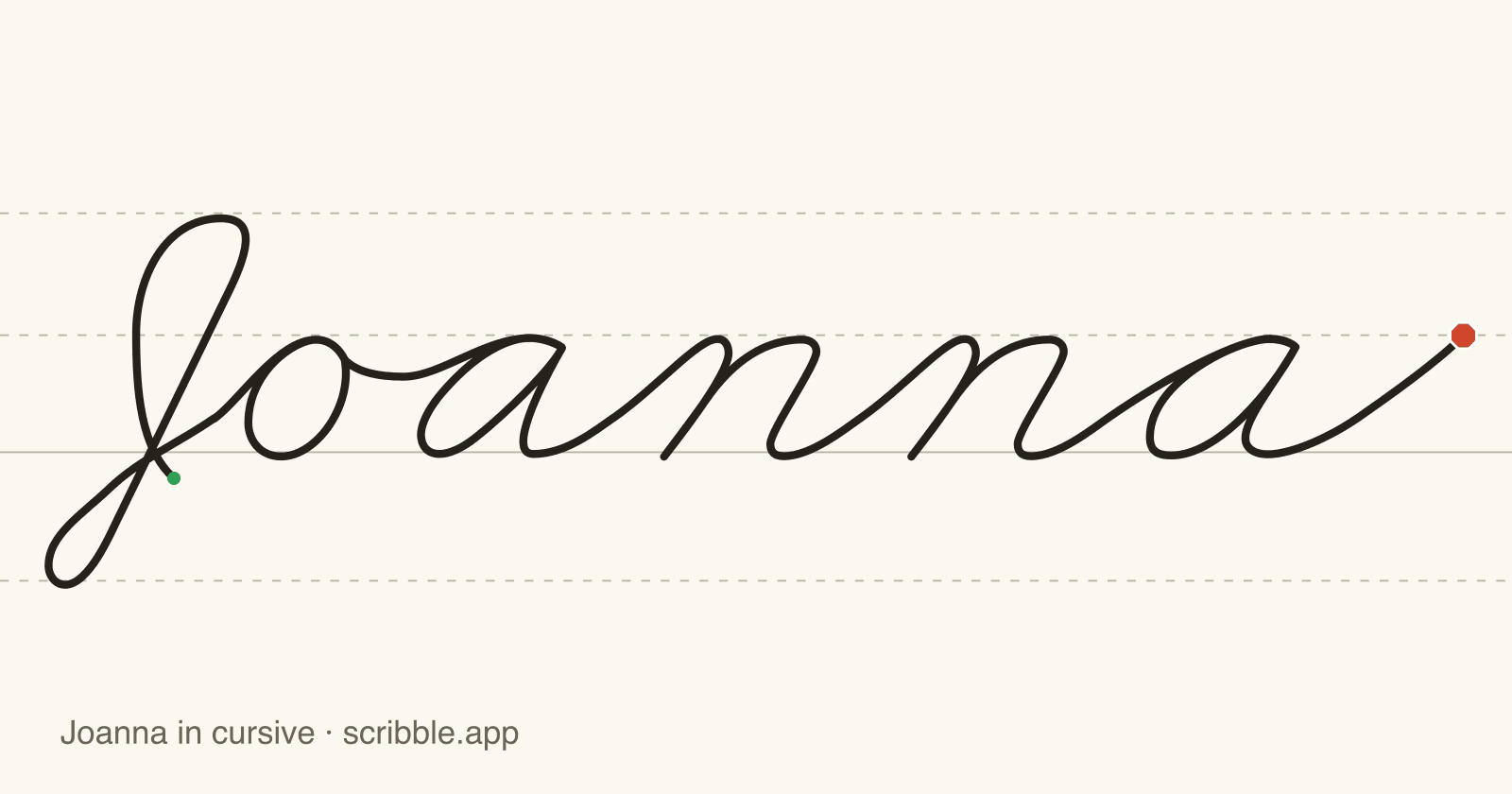 Joanna written in cursive on handwriting guidelines, with a green starting dot and a red stop sign