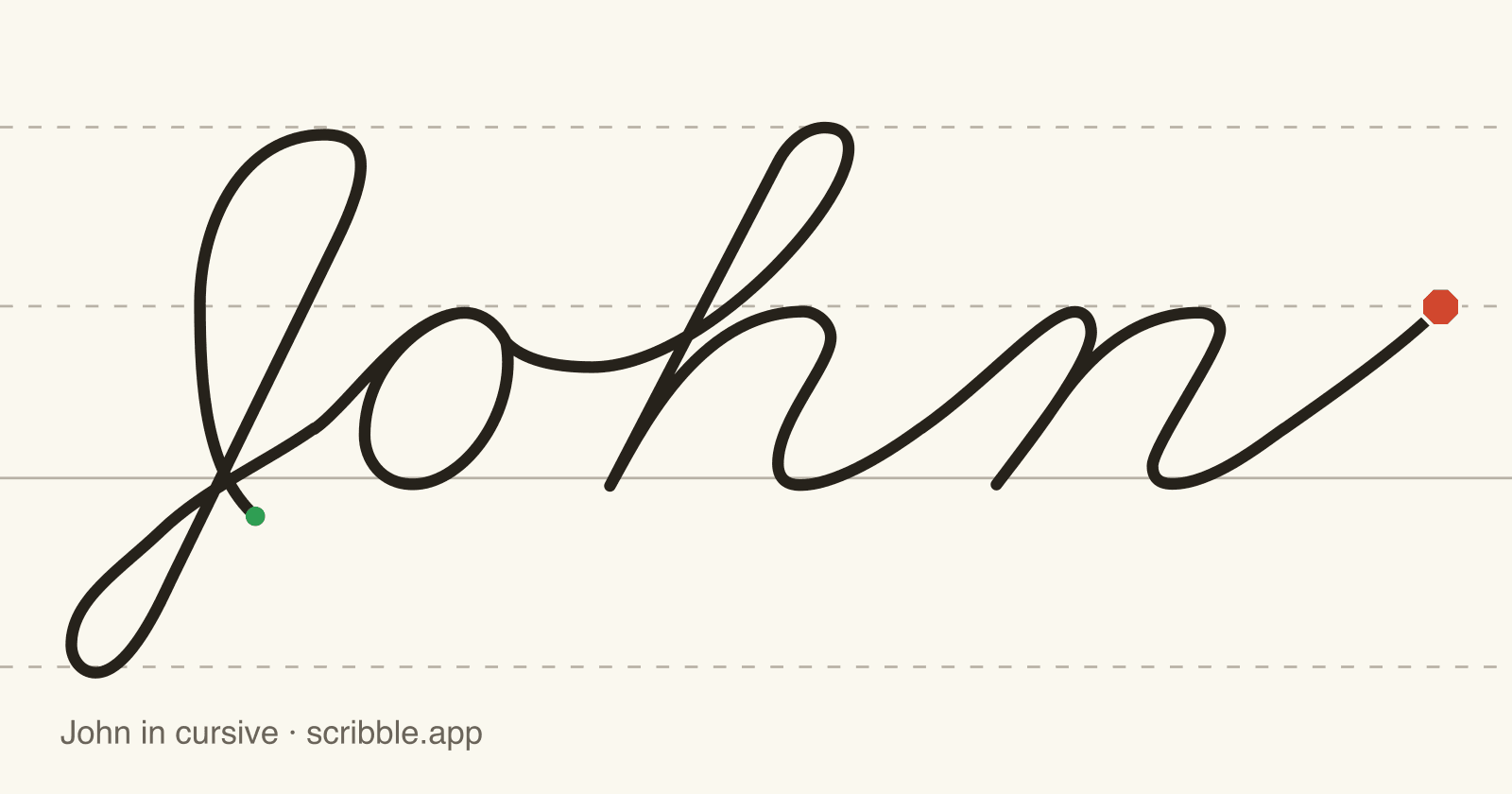 John written in cursive on handwriting guidelines, with a green starting dot and a red stop sign