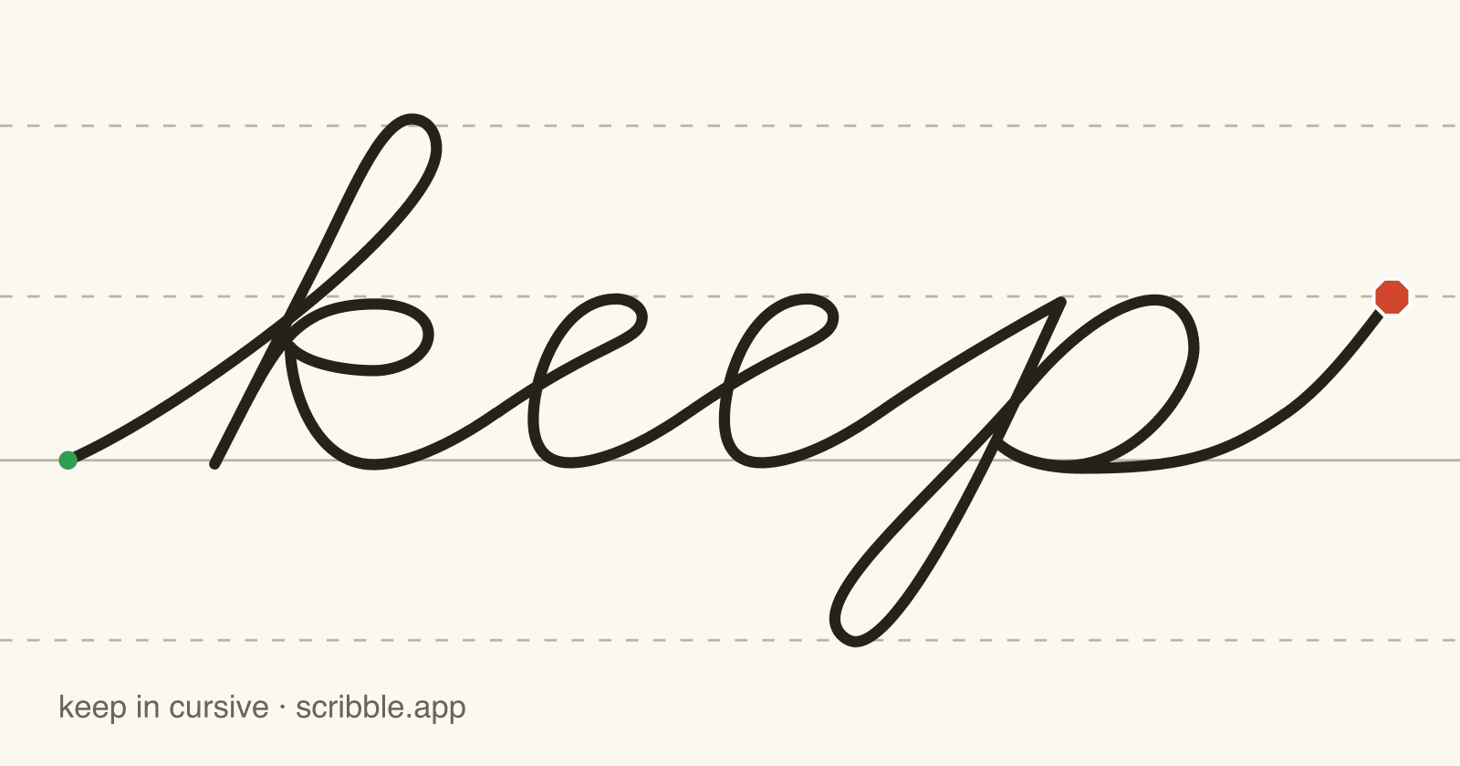 keep written in cursive on handwriting guidelines, with a green starting dot and a red stop sign