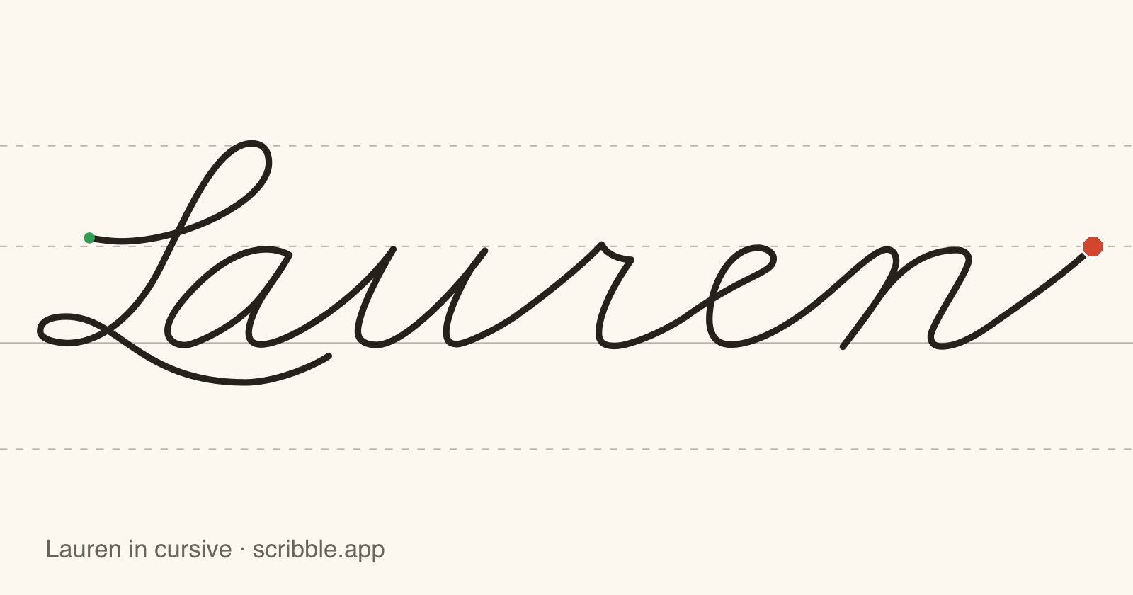 Lauren written in cursive on handwriting guidelines, with a green starting dot and a red stop sign
