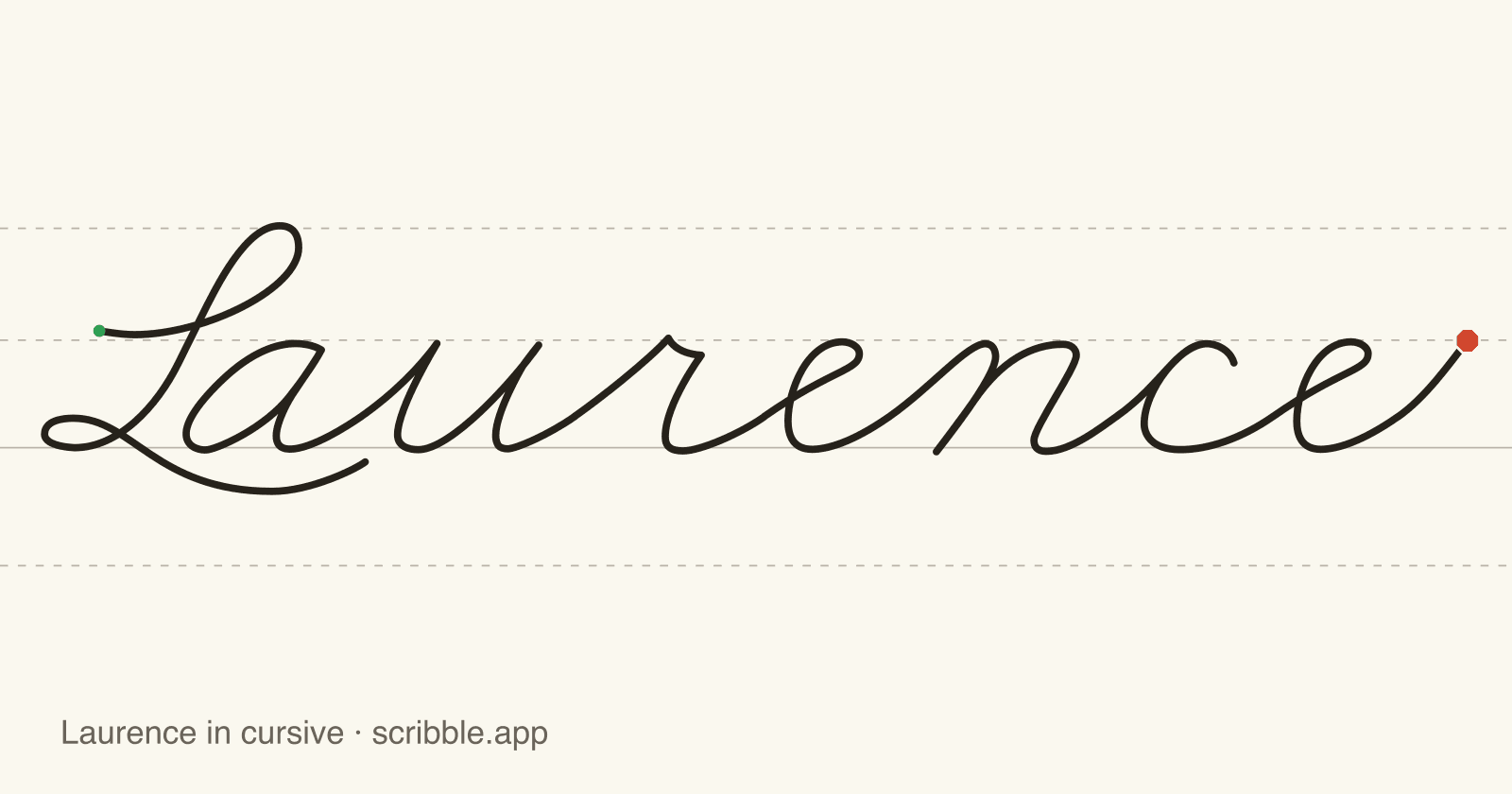 Laurence written in cursive on handwriting guidelines, with a green starting dot and a red stop sign