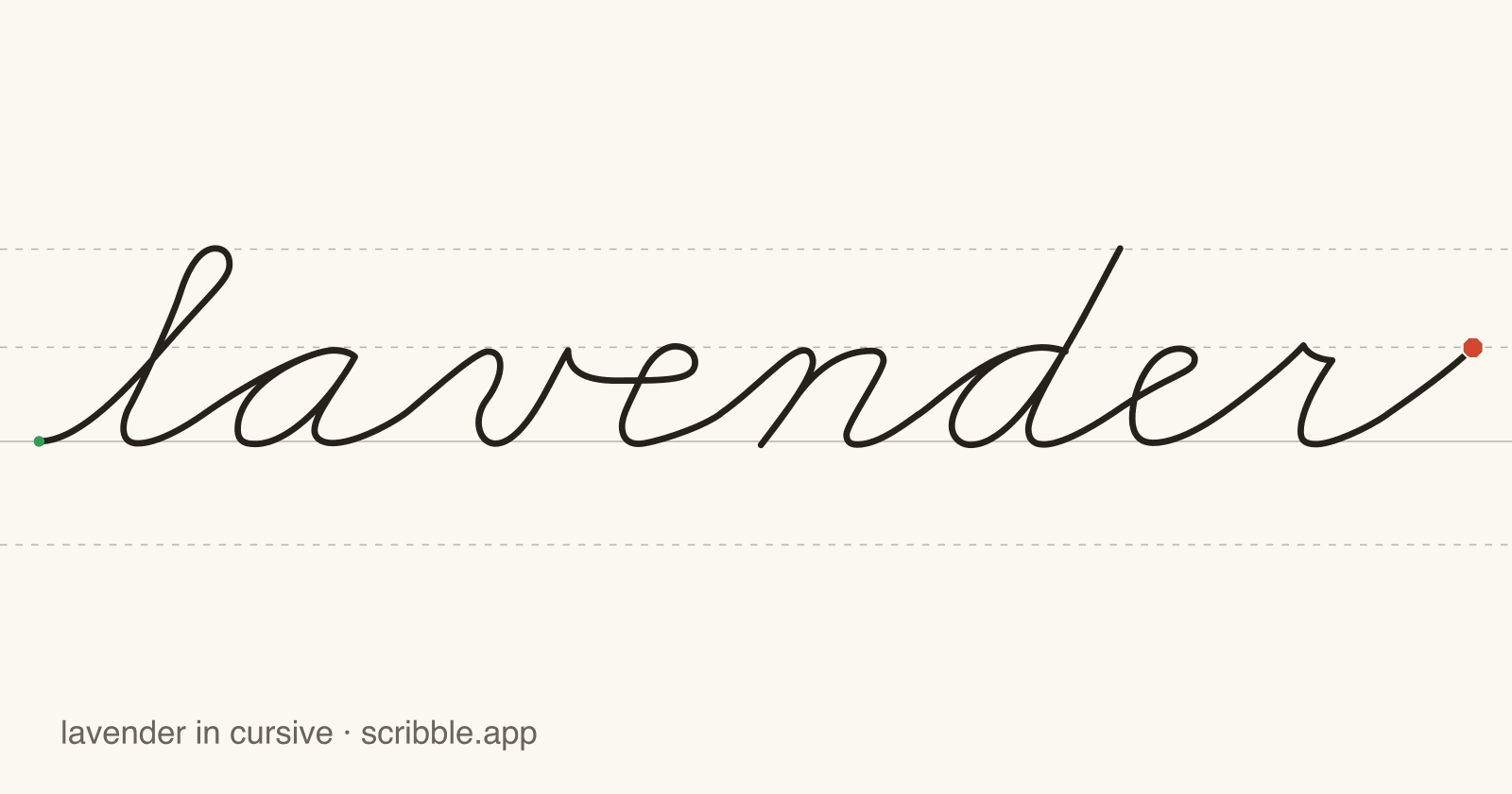 lavender written in cursive on handwriting guidelines, with a green starting dot and a red stop sign