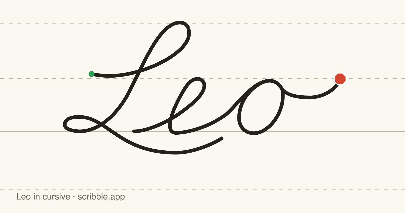 Leo written in cursive on handwriting guidelines, with a green starting dot and a red stop sign