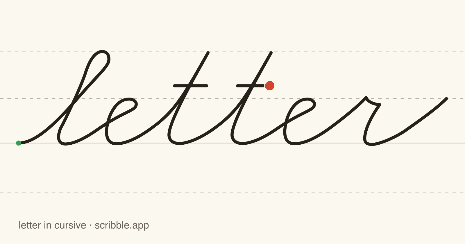 letter written in cursive on handwriting guidelines, with a green starting dot and a red stop sign