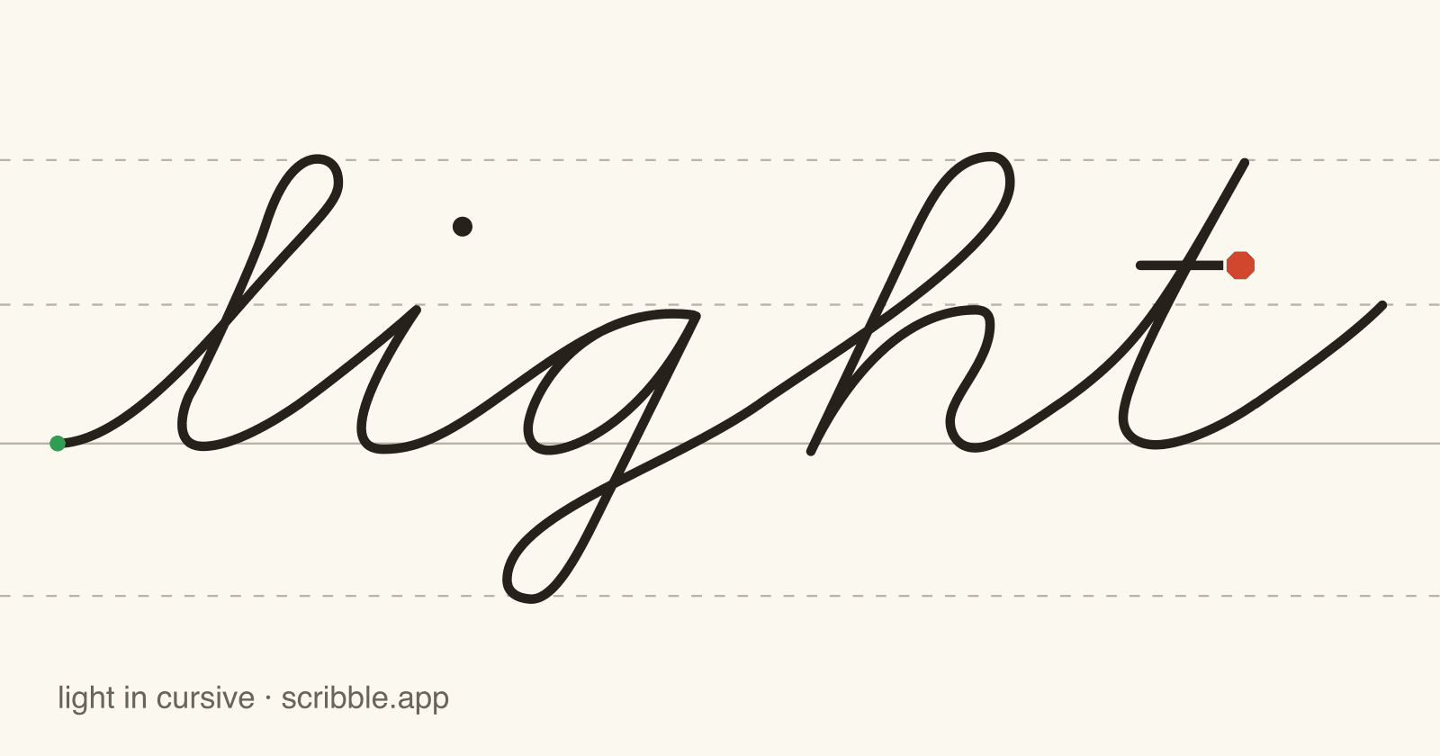light written in cursive on handwriting guidelines, with a green starting dot and a red stop sign