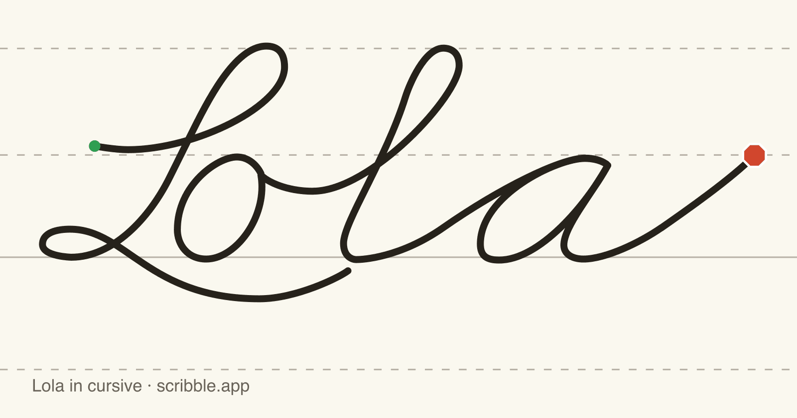 Lola written in cursive on handwriting guidelines, with a green starting dot and a red stop sign