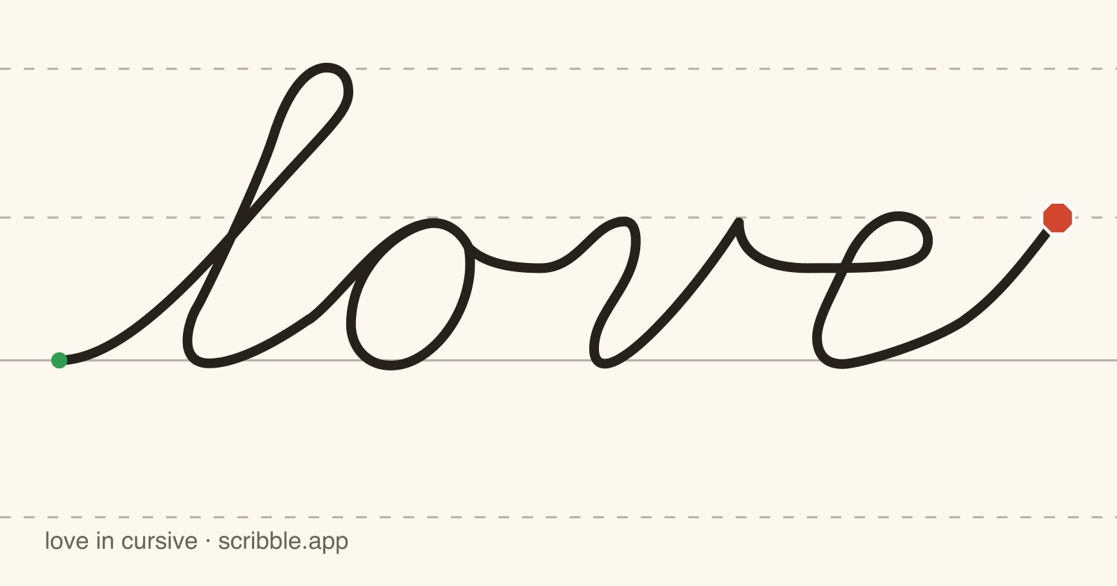 love written in cursive on handwriting guidelines, with a green starting dot and a red stop sign