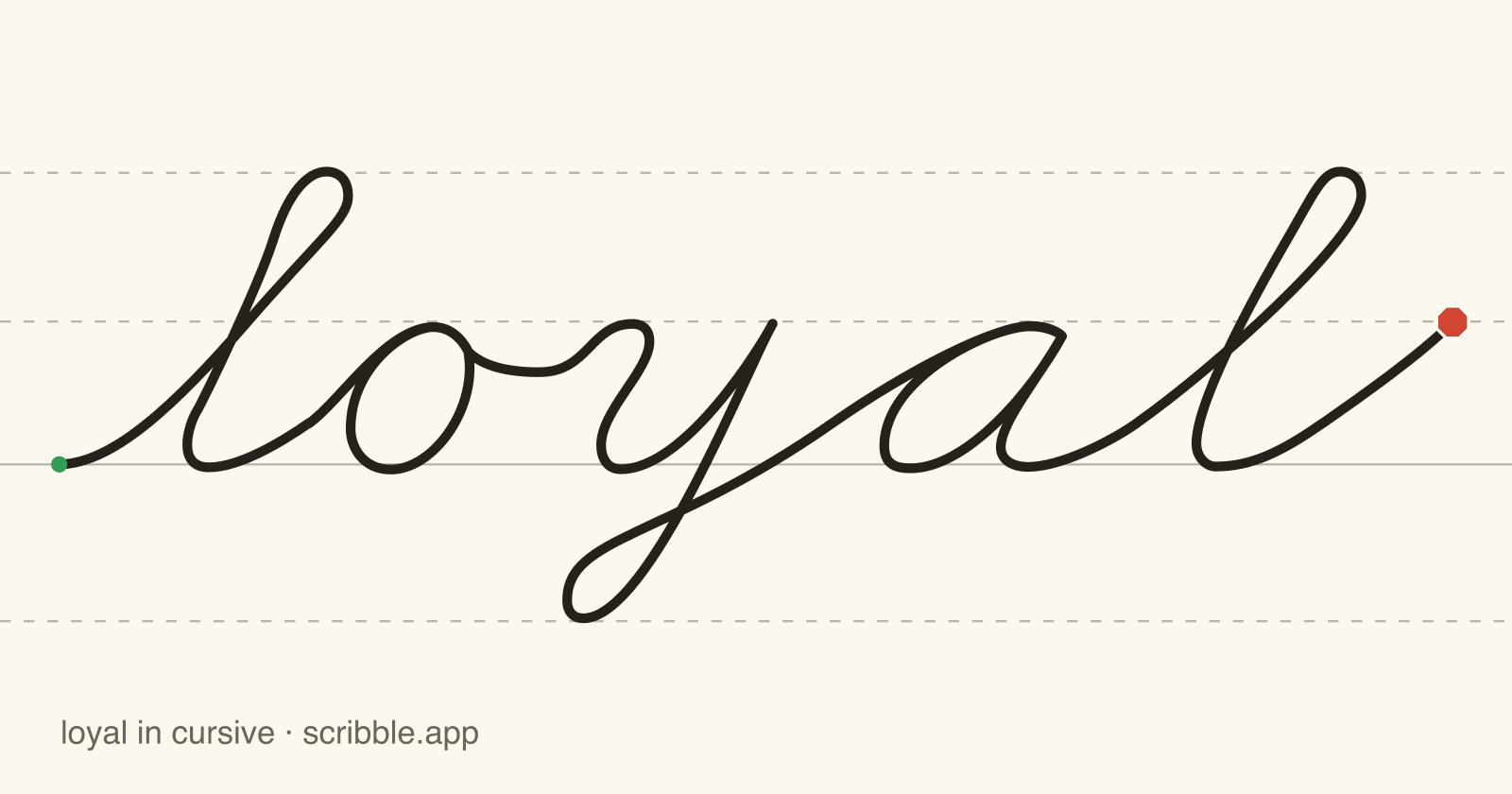 loyal written in cursive on handwriting guidelines, with a green starting dot and a red stop sign