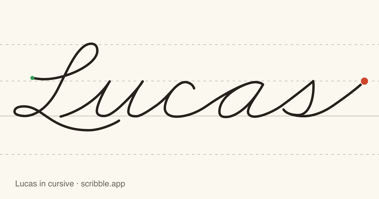 Lucas written in cursive on handwriting guidelines, with a green starting dot and a red stop sign