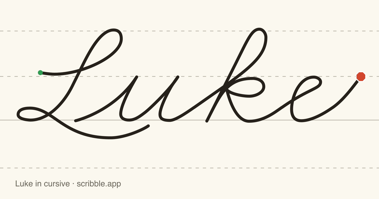 Luke written in cursive on handwriting guidelines, with a green starting dot and a red stop sign