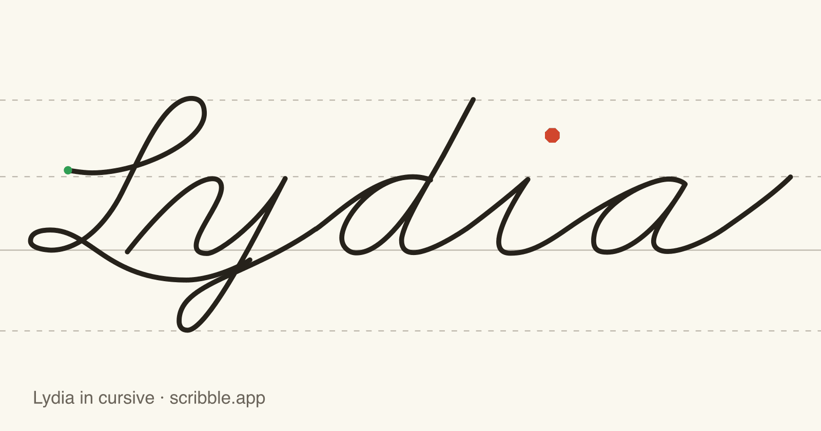 Lydia written in cursive on handwriting guidelines, with a green starting dot and a red stop sign