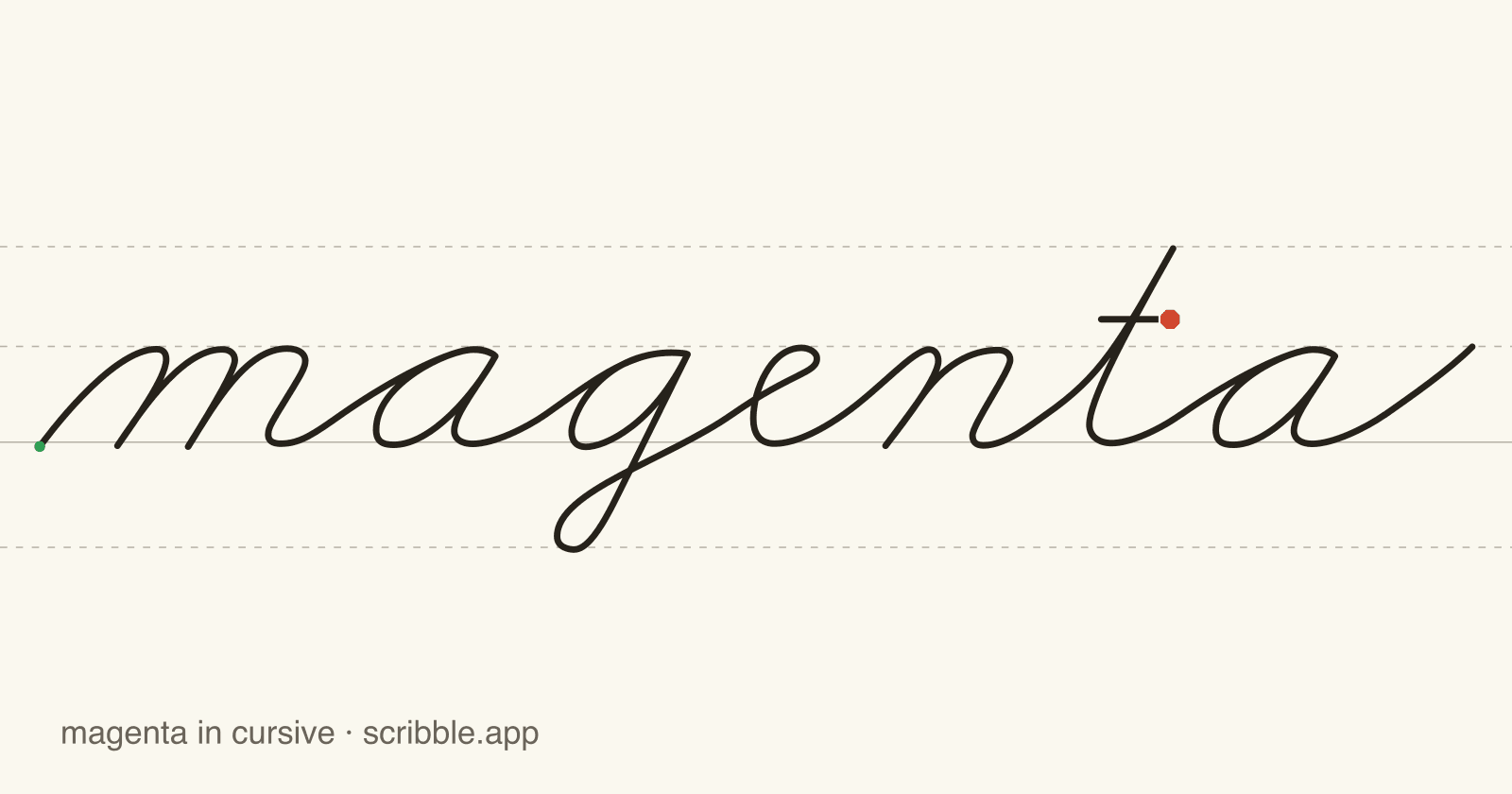 magenta written in cursive on handwriting guidelines, with a green starting dot and a red stop sign
