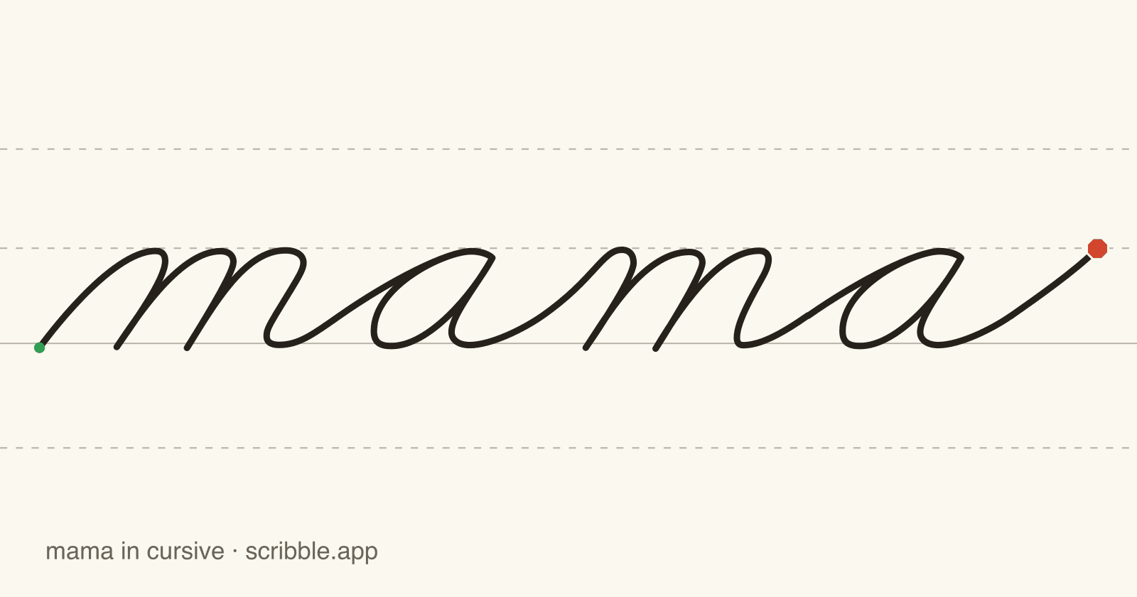 mama written in cursive on handwriting guidelines, with a green starting dot and a red stop sign