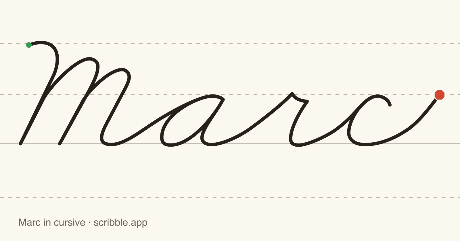 Marc written in cursive on handwriting guidelines, with a green starting dot and a red stop sign
