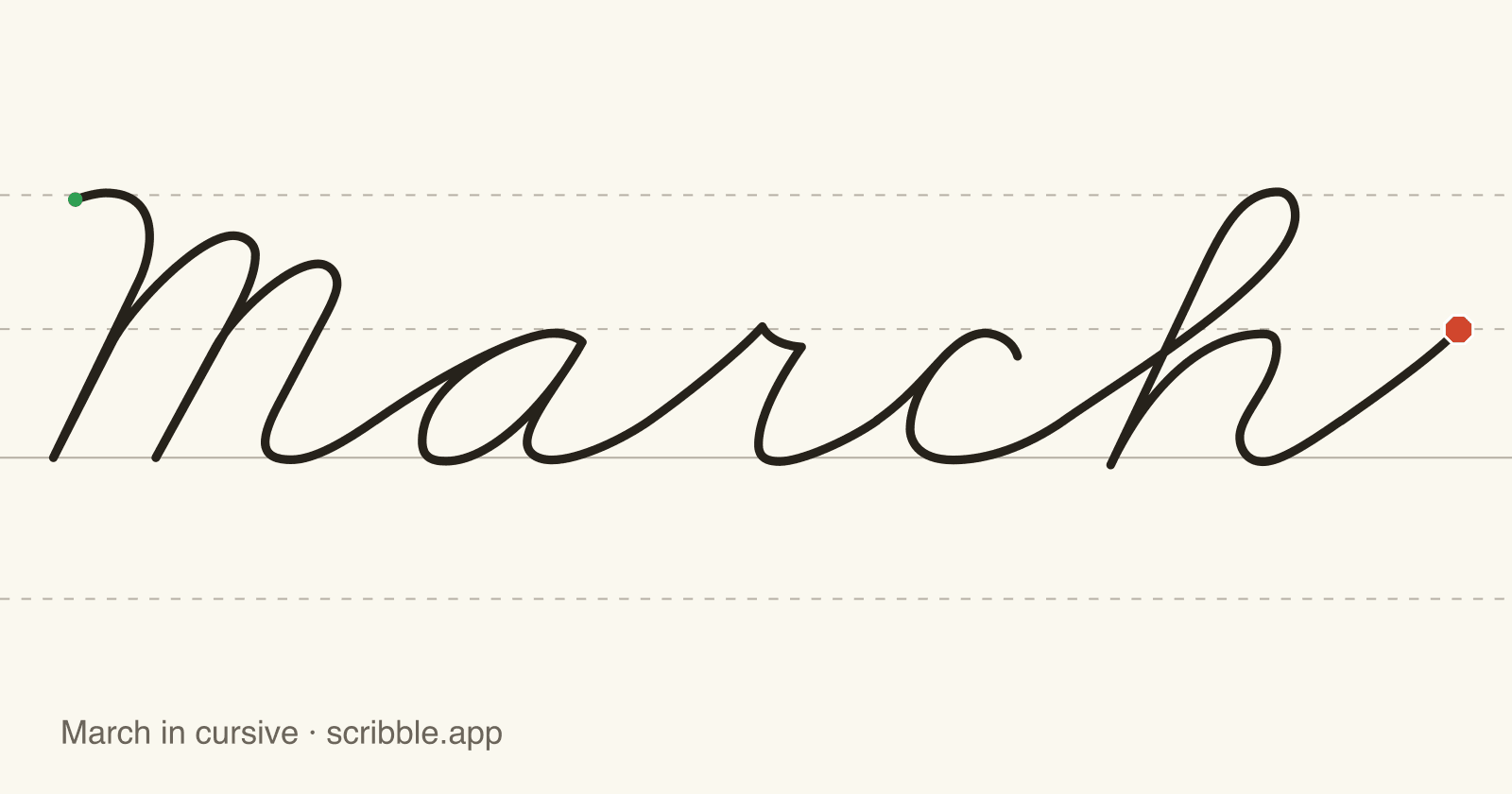 March written in cursive on handwriting guidelines, with a green starting dot and a red stop sign