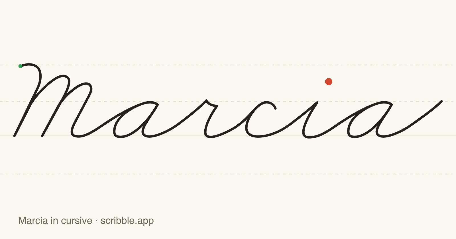 Marcia written in cursive on handwriting guidelines, with a green starting dot and a red stop sign