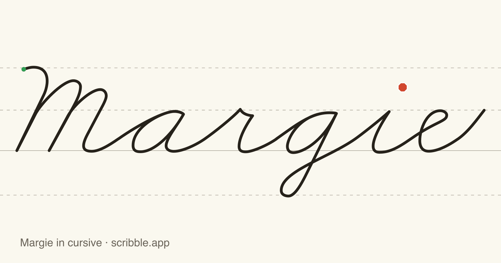 Margie written in cursive on handwriting guidelines, with a green starting dot and a red stop sign