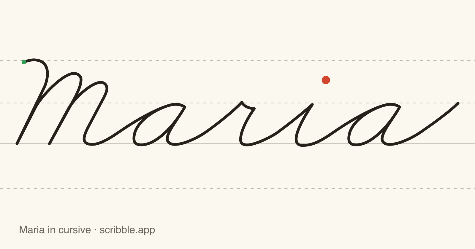 Maria written in cursive on handwriting guidelines, with a green starting dot and a red stop sign