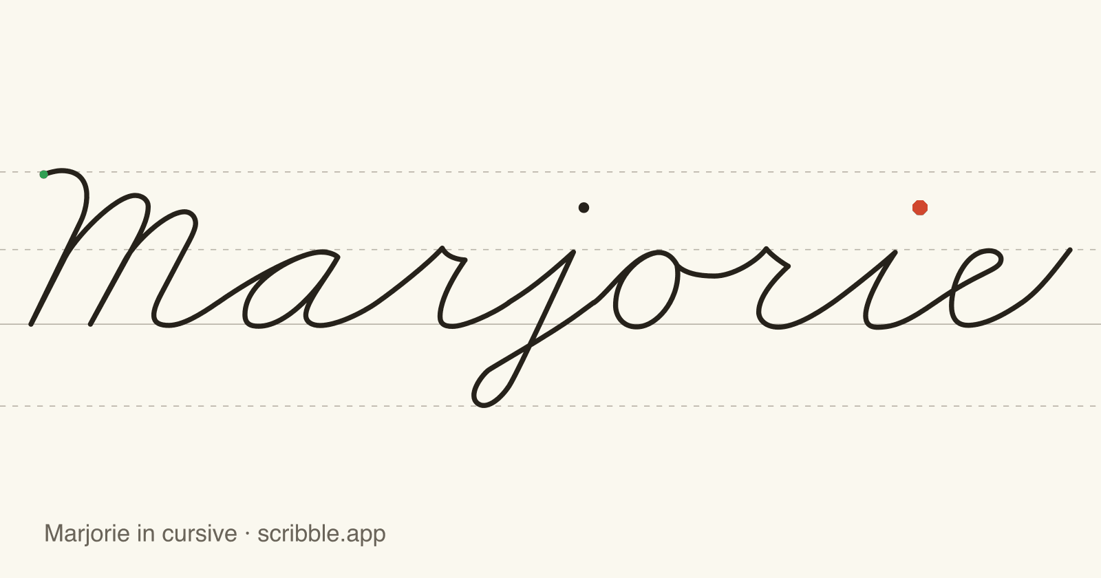 Marjorie written in cursive on handwriting guidelines, with a green starting dot and a red stop sign