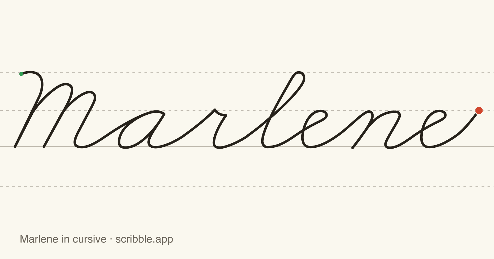 Marlene written in cursive on handwriting guidelines, with a green starting dot and a red stop sign