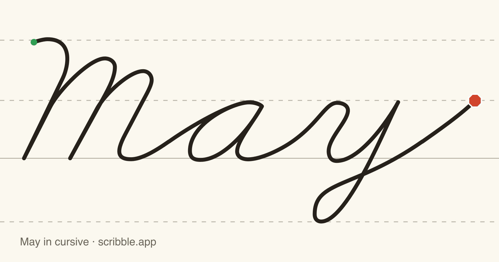 May written in cursive on handwriting guidelines, with a green starting dot and a red stop sign