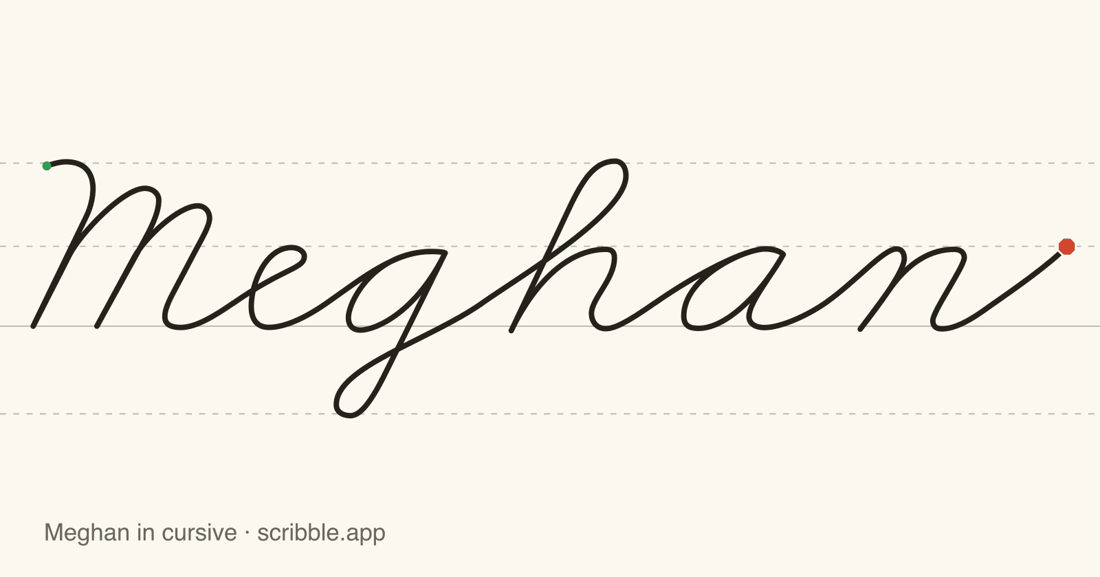 Meghan written in cursive on handwriting guidelines, with a green starting dot and a red stop sign