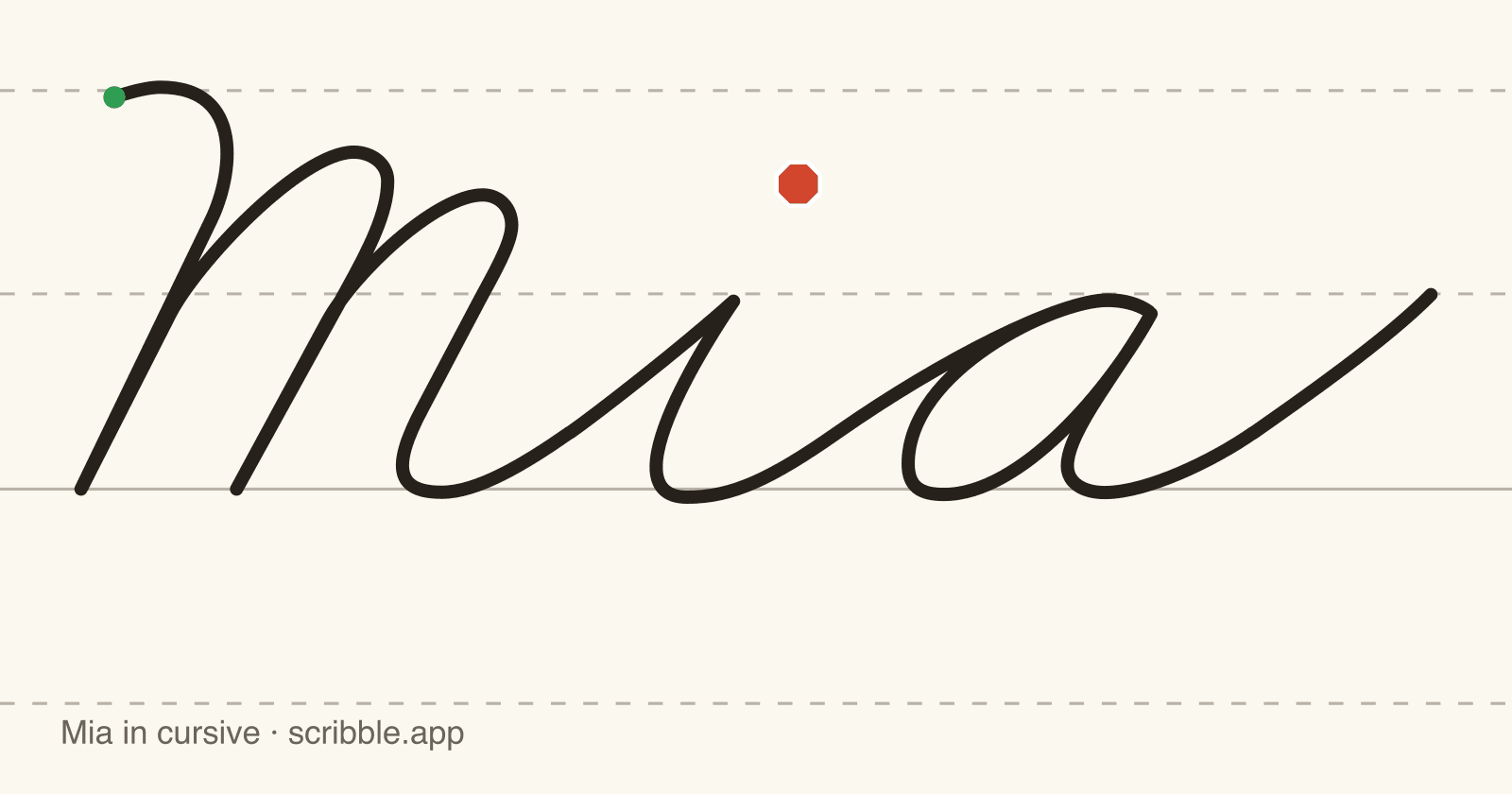 Mia written in cursive on handwriting guidelines, with a green starting dot and a red stop sign