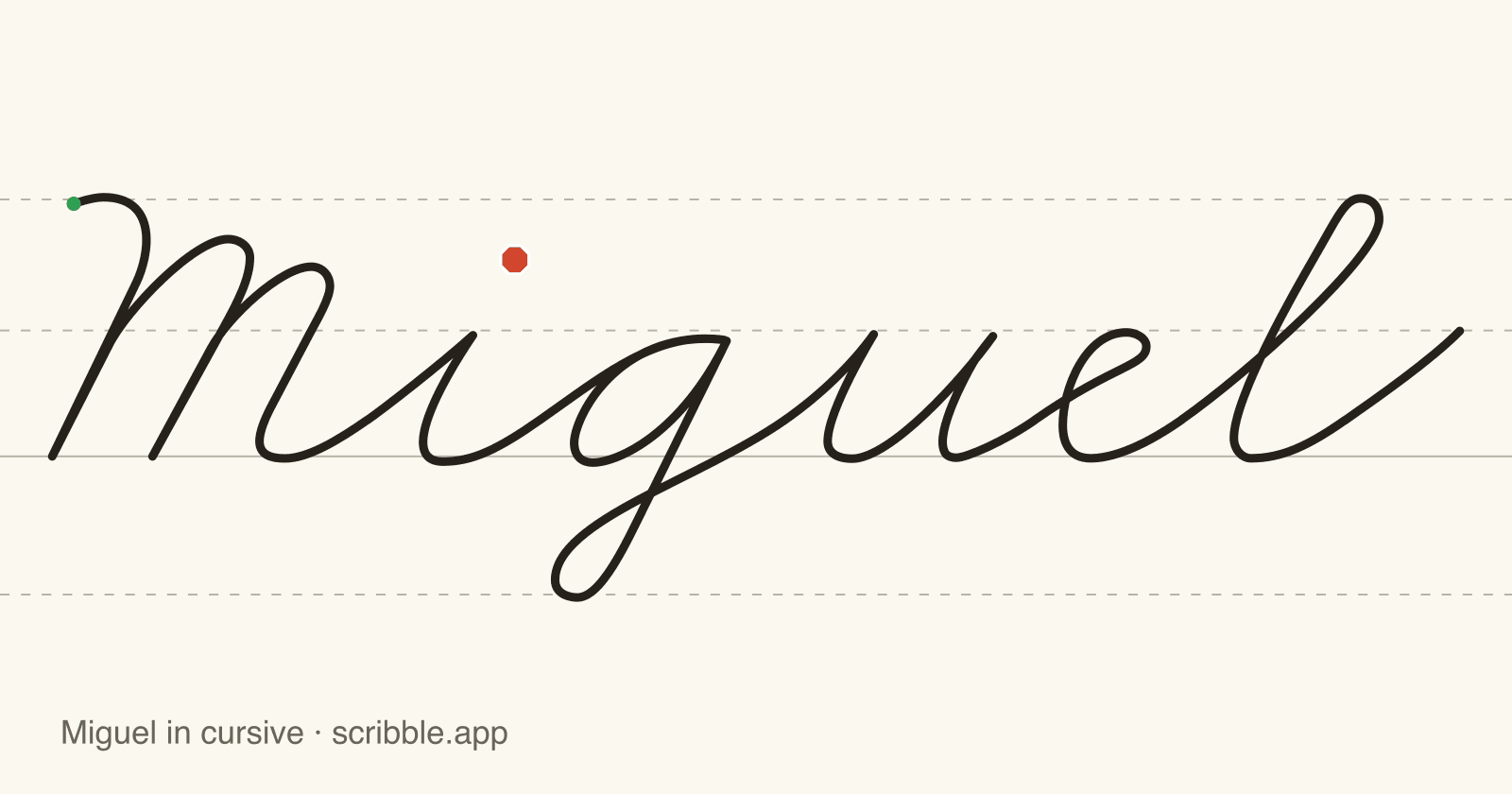 Miguel written in cursive on handwriting guidelines, with a green starting dot and a red stop sign