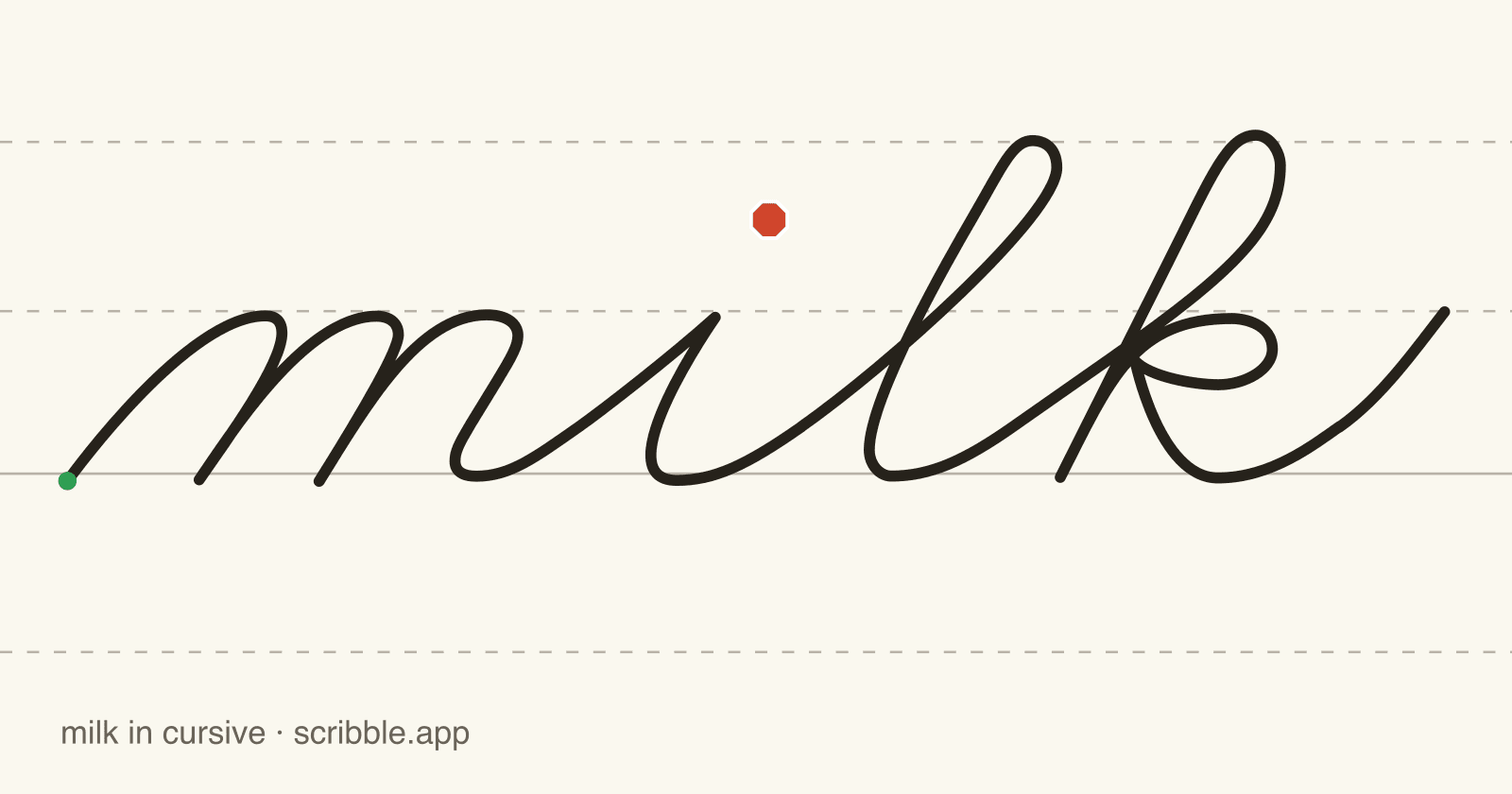 milk written in cursive on handwriting guidelines, with a green starting dot and a red stop sign