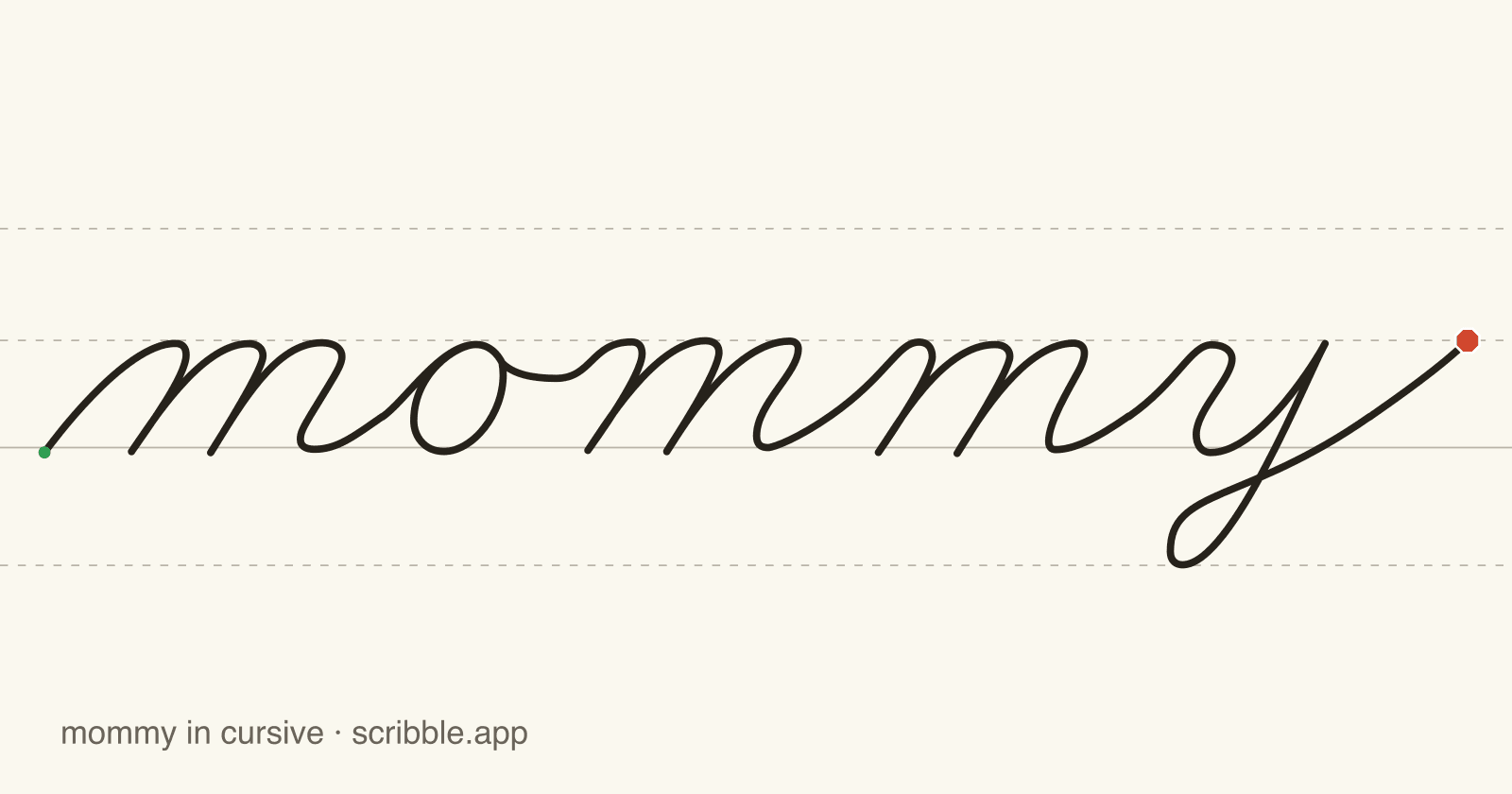 mommy written in cursive on handwriting guidelines, with a green starting dot and a red stop sign