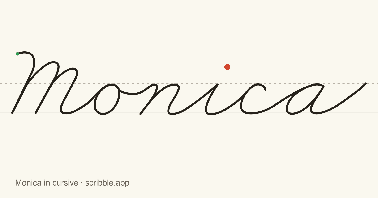 Monica written in cursive on handwriting guidelines, with a green starting dot and a red stop sign