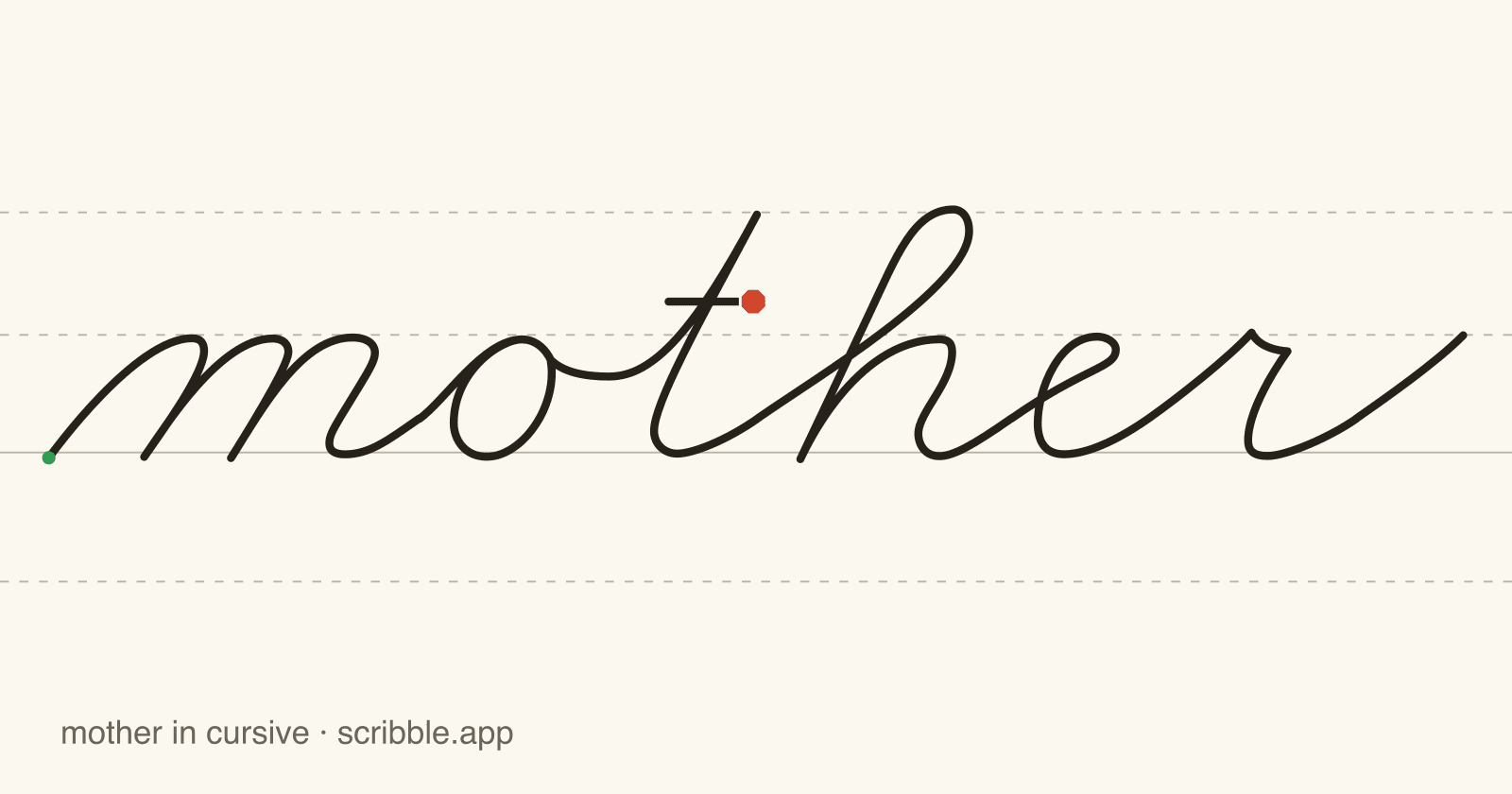 mother written in cursive on handwriting guidelines, with a green starting dot and a red stop sign