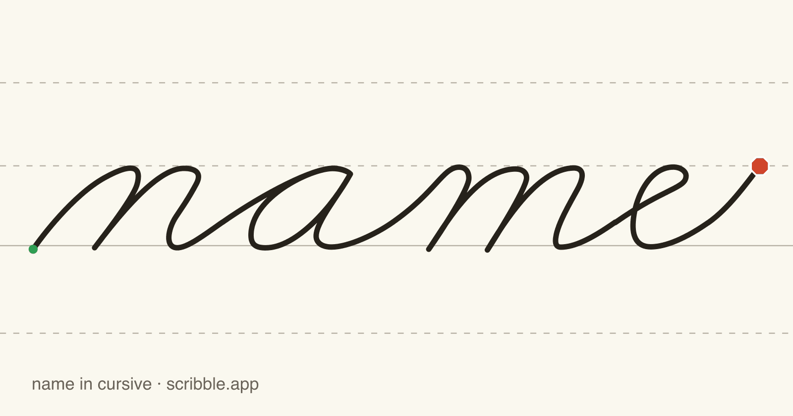 name written in cursive on handwriting guidelines, with a green starting dot and a red stop sign