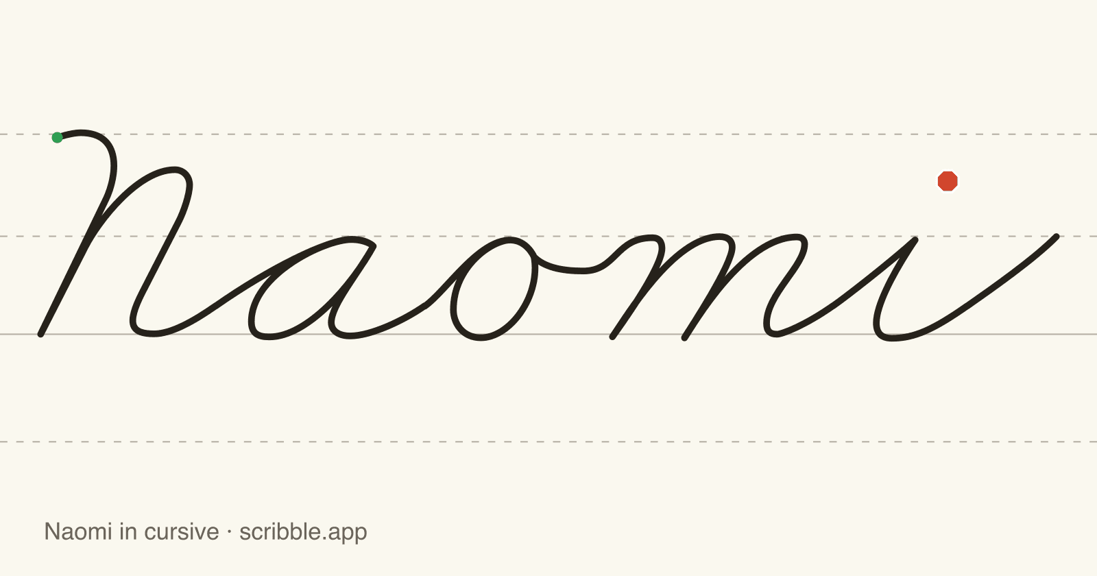 Naomi written in cursive on handwriting guidelines, with a green starting dot and a red stop sign