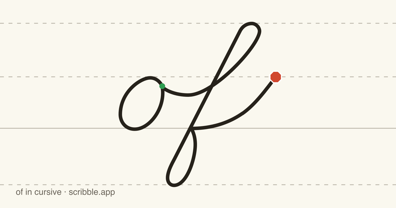 of written in cursive on handwriting guidelines, with a green starting dot and a red stop sign
