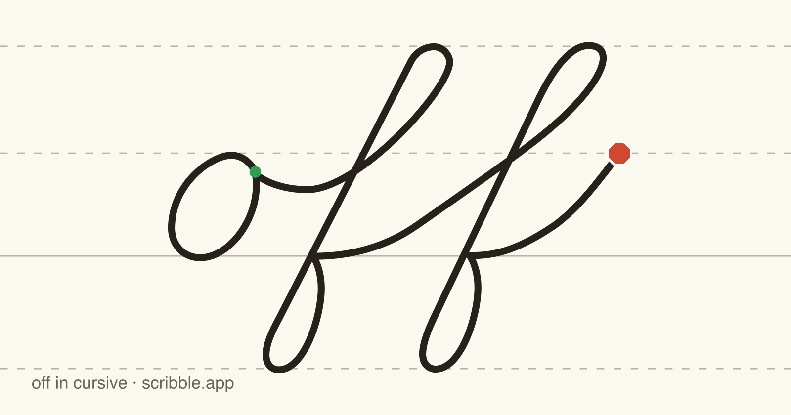 off written in cursive on handwriting guidelines, with a green starting dot and a red stop sign