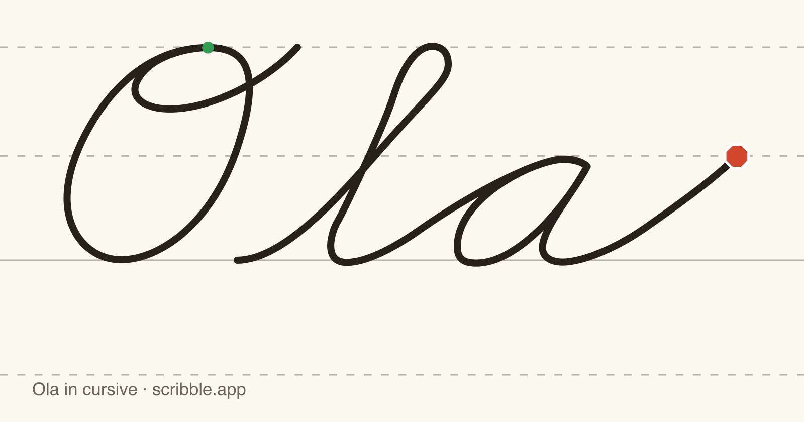 Ola written in cursive on handwriting guidelines, with a green starting dot and a red stop sign