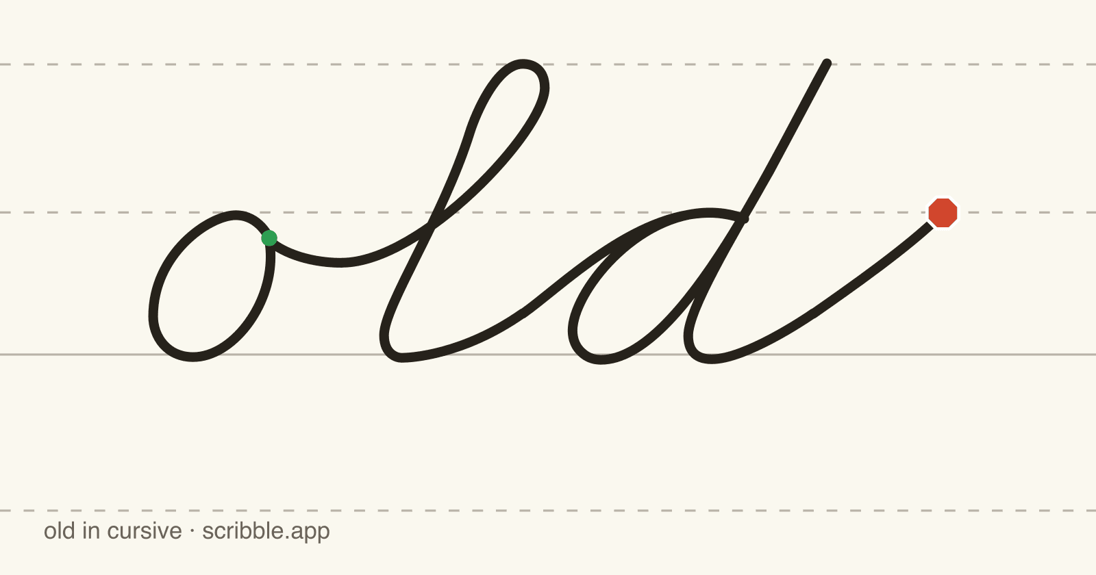 old written in cursive on handwriting guidelines, with a green starting dot and a red stop sign