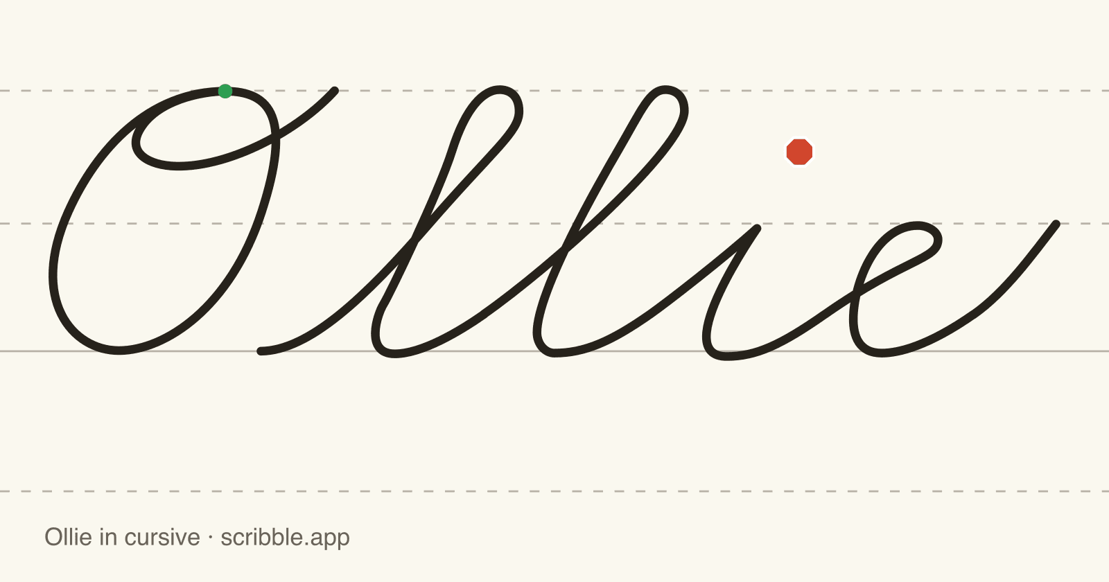 Ollie written in cursive on handwriting guidelines, with a green starting dot and a red stop sign