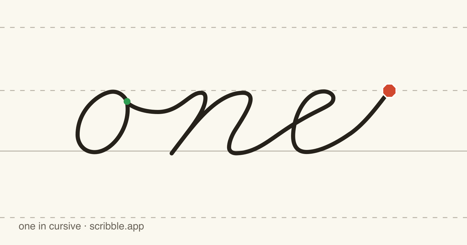 one written in cursive on handwriting guidelines, with a green starting dot and a red stop sign