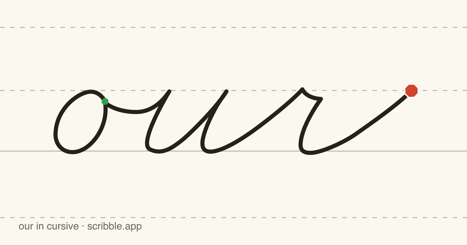 our written in cursive on handwriting guidelines, with a green starting dot and a red stop sign