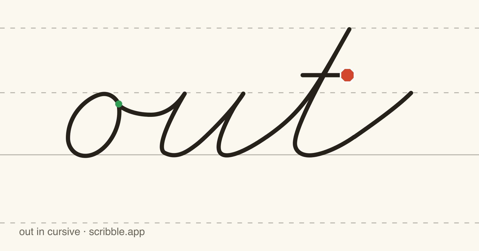 out written in cursive on handwriting guidelines, with a green starting dot and a red stop sign
