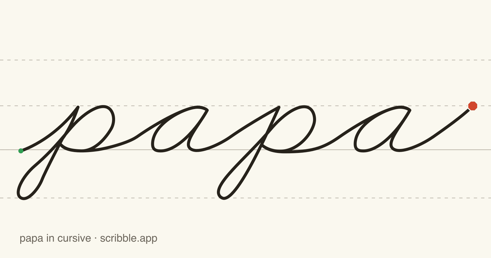 papa written in cursive on handwriting guidelines, with a green starting dot and a red stop sign