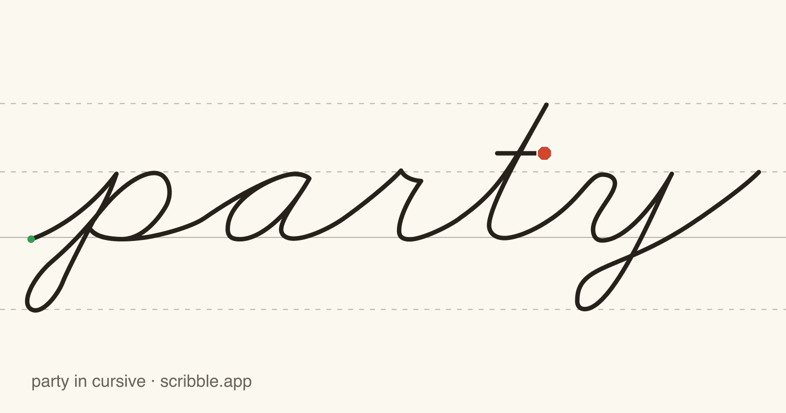 party written in cursive on handwriting guidelines, with a green starting dot and a red stop sign