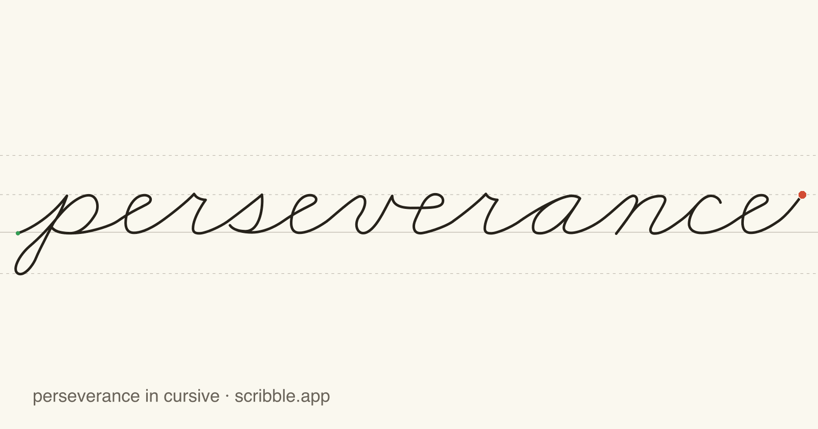 perseverance written in cursive on handwriting guidelines, with a green starting dot and a red stop sign