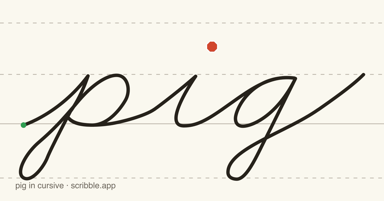 pig written in cursive on handwriting guidelines, with a green starting dot and a red stop sign